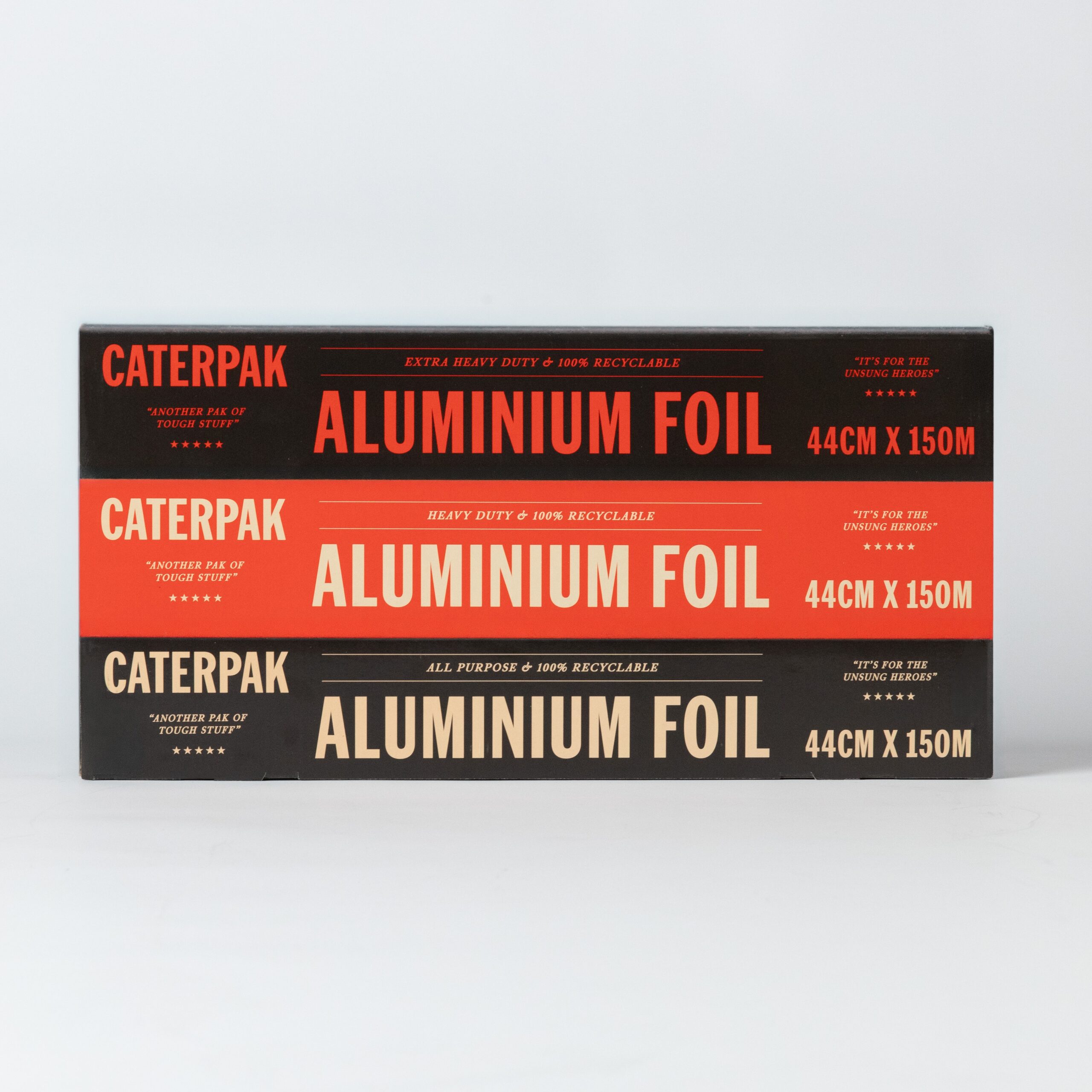 Caterpak aluminium foil 44cm x 150m in extra heavy duty, heavy duty and all purpose
