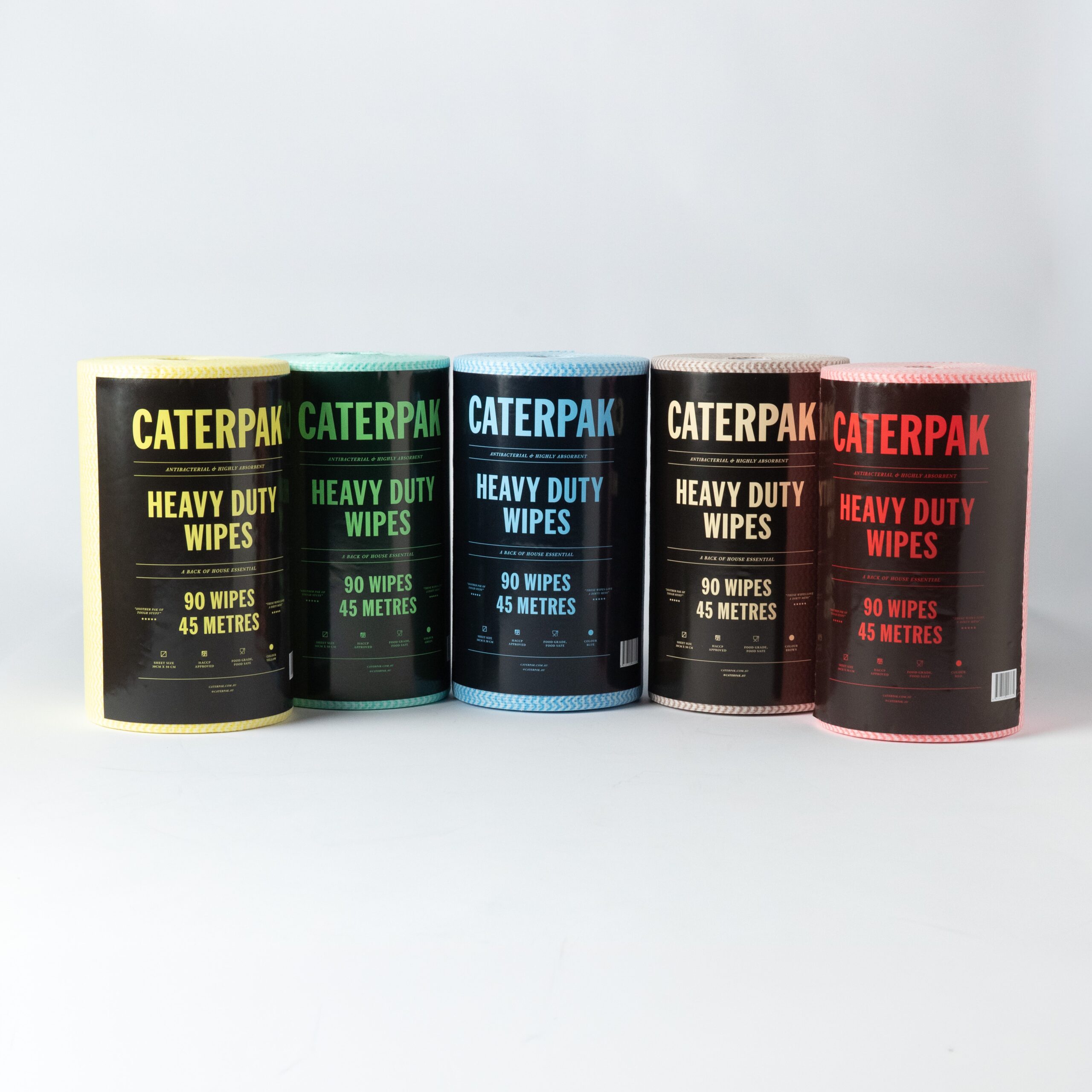 Caterpak heavy duty wipes rolls in yellow, green, blue, brown and red